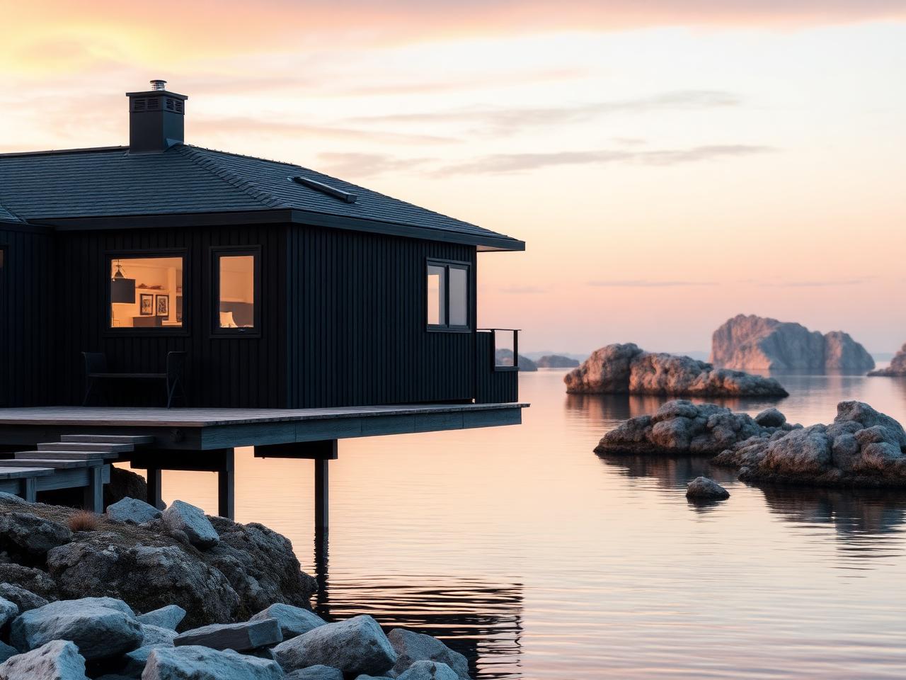 Cabañas negras sobre granito rosa